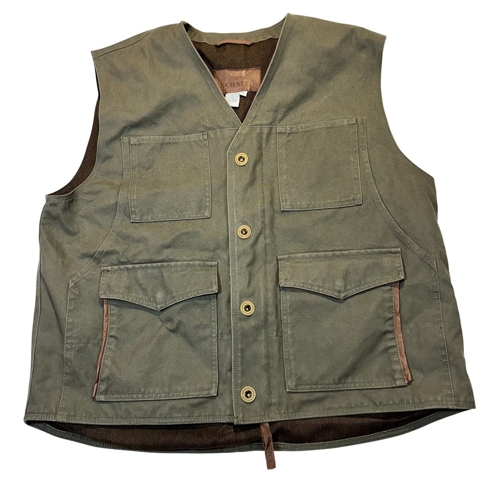 Schnee's Bozeman Montana Men XL Olive Green Canvas Leather Trim Field Vest